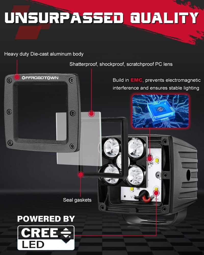 OFFROADTOWN مكعبات LED، OFFROADTOWN 2PCS 3 إنش 100W كشافات LED CREE ضوء بقعة قيادة مكعبات LED أضواء الطرق الوعرة أضواء الضباب إضاءة عكسية إضاءة خندق للشاحنات UTV SUV الطرق الوعرة القوارب - Image 3